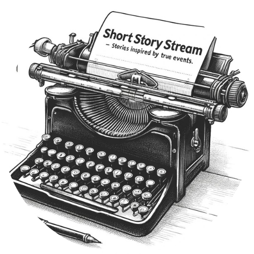 Official logo of shortstorystream.com, Inspired by True Events, featuring a vintage typewriter and an open book, symbolizing real-life storytelling.