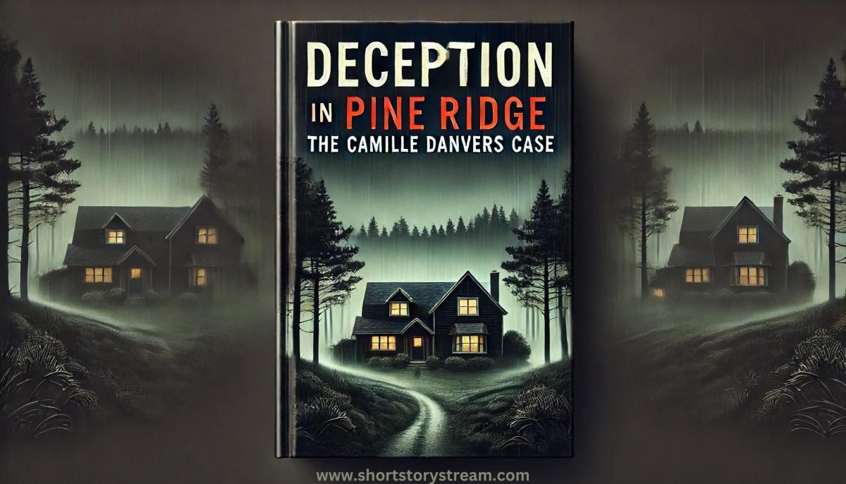 A full landscape cover image for the suspense thriller story titled "Shadows of Betrayal: The Camille Danvers Story." The background features a dark, eerie suburban landscape with a shadowy house in the distance. The overall theme is dark and foreboding, without any text or book elements.