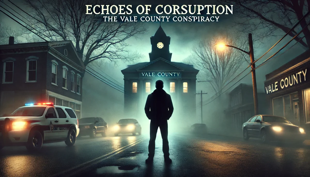 Atmospheric and eerie landscape image of a small-town street at dusk. The scene is shrouded in mist with a shadowy figure standing in the foreground, partially obscured by fog. In the background, the silhouette of a courthouse is visible with faint lights glowing through its windows. The color palette is dark and moody, dominated by shades of blue and grey, enhancing the mysterious ambiance.