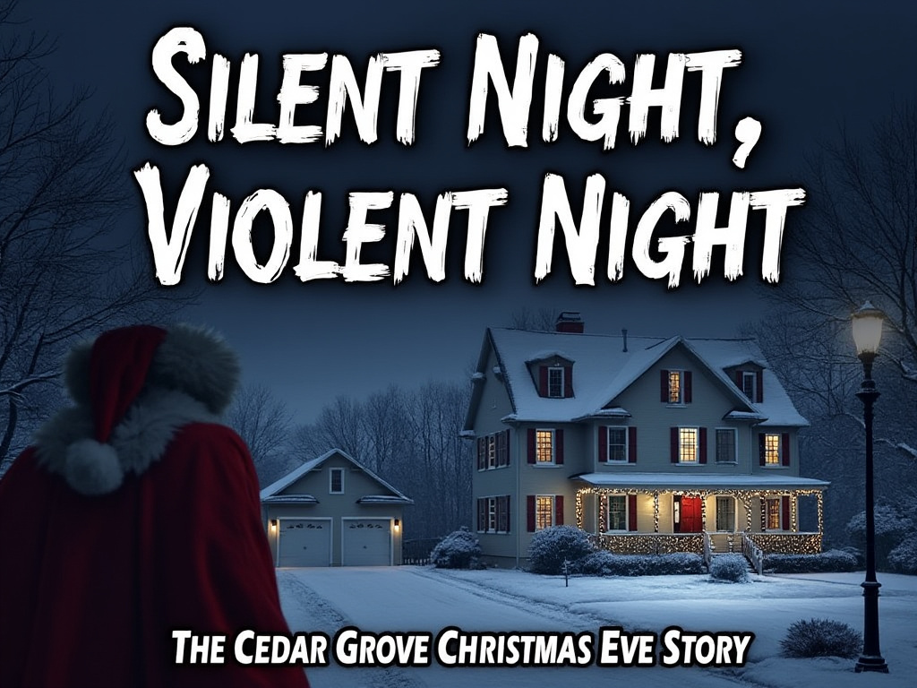 Cover image for 'Silent Night, Violent Night: The Cedar Grove Christmas Eve Story' featuring a snowy neighborhood with a decorated house glowing warmly against a dark, snowy night. A shadowy figure in a Santa suit is subtly visible near the house, suggesting mystery and danger.