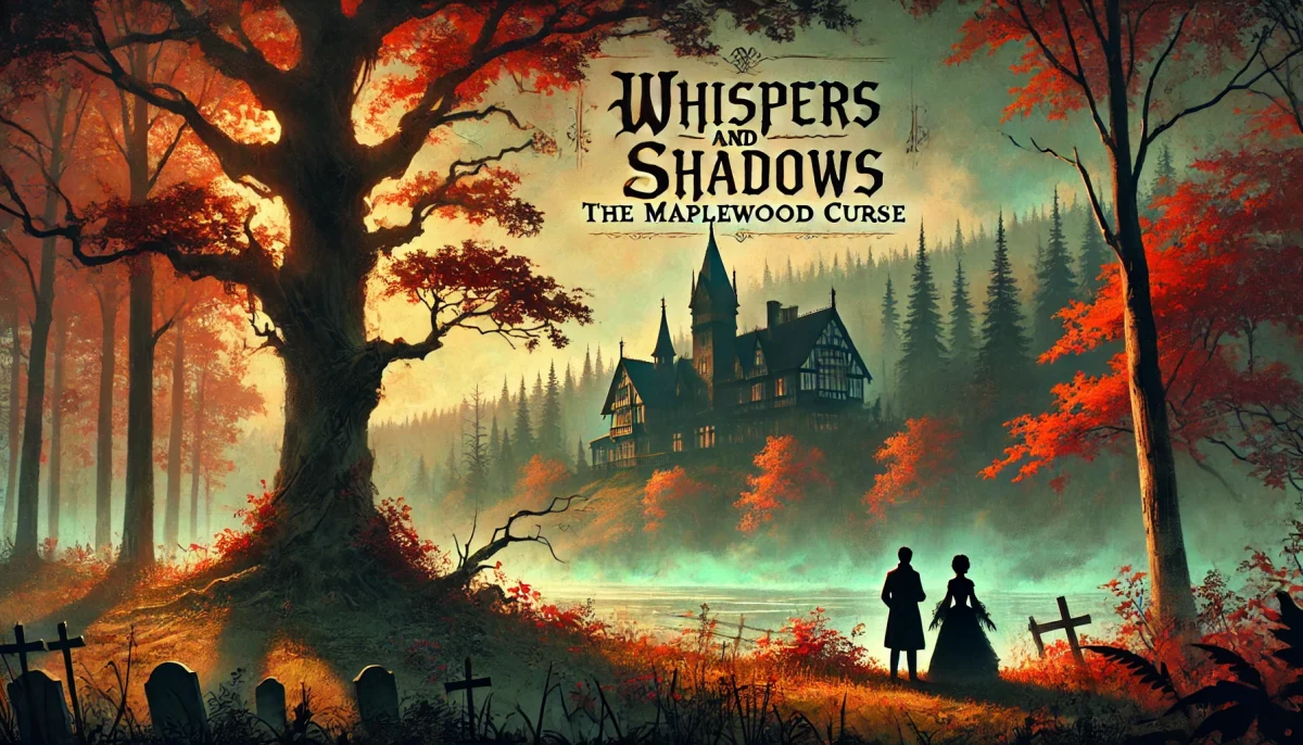Mystical autumn forest with vibrant fall colors, featuring a shadowy, haunted estate partially hidden by mist. In the foreground, silhouettes of a woman and a man stand near the edge of the woods, looking towards the estate. The title 'Whispers and Shadows: The Maplewood Curse' is displayed in an old-fashioned, eerie font style at the top of the image.